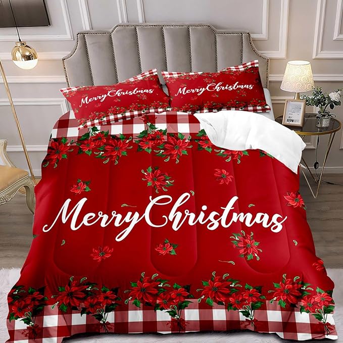 LUVIVIHOME 3PCS Christmas Comforter Set Queen Size, Farmhouse Bedding, Holiday New Year Xmas Floral Checkered Red Buffalo Plaid Bedding, Poinsettia Christmas Decorations, Xmas Gifts, 2 Pillow Cases
