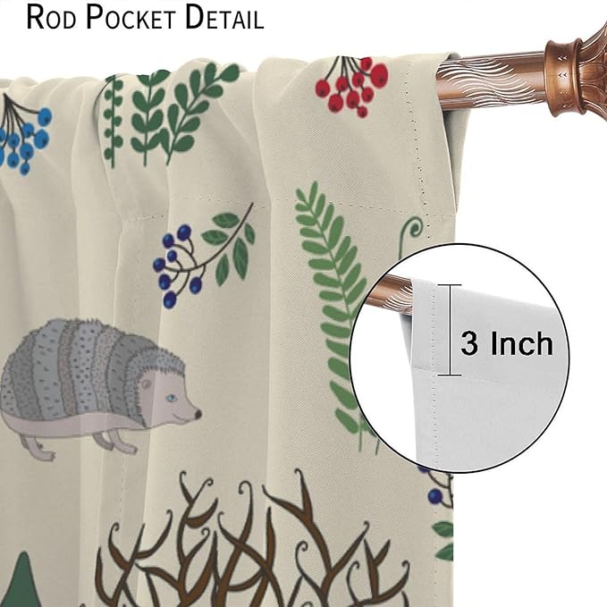 Kids Forest Animal Curtains, Rustic Cute Wild Animal Fox Deer Hedgehog Window Treatments Farmhouse Woodland Window Drapes for Girls Boys Nursery Toddler Bedroom 55x63in