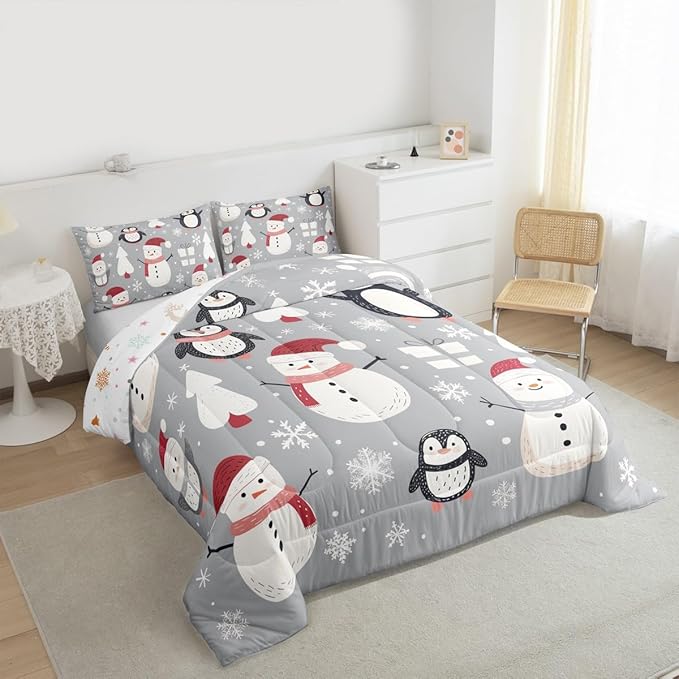 Feelyou Christmas Comforter Set Toddler Size Snowman Snowflake Bedding Set for Kids Boys Girls Penguin Duvet Quilt New Year Gift Bedroom Decor Microfiber 2 Pcs with 1 Pillow Cases