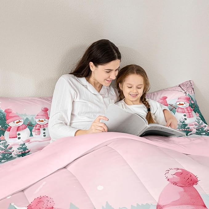 Feelyou Pink Christmas Kids Comforter Set King Size Merry Christmas Tree and Snowman Bedding Set Cute Snowman Duvet Quilt for Kids Boys Girls Bedroom Xmas Snowflake Decor Kawaii Ultra Soft Breathable