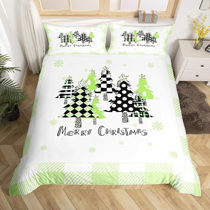 Manfei Xmas Trees Duvet Cover Set Twin Size, Green Plaid Grid Snowflake Bedding Set for Kids Girls Bedroom Decor, Christmas Theme Comforter Cover New Year Quilt Cover with 1 Pillowcase, No Comforter