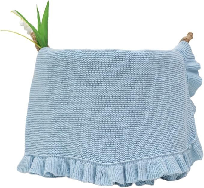 Cotton Baby Blanket with Ruffle Edge Soft Breathable Newborn Blanket for Boys & Girls, Lightweight Knit Throw for Crib, Stroller & Nursery Multiple Colors Available Blue 28x36
