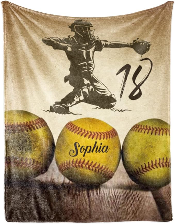 Custom Softball Blanket with Number Name: Personalized Fluffy and Warm Gift for Baby Toddler Kids and Adults Birthday Skin-Friendly Flannel Fabric(40X50inch)