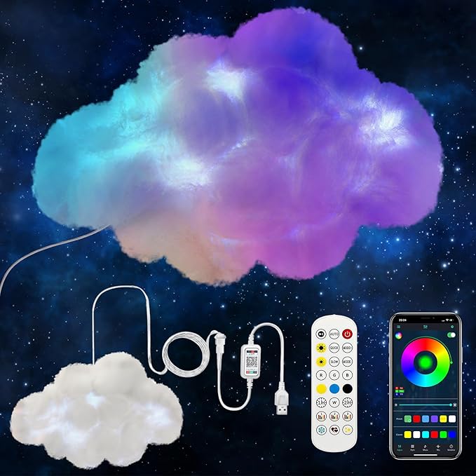LED Wall Cloud Light for Bedroom, Stick-on Lamp Smart APP and Remote Control, Fluffy Night Light RGB Music Sync for Room, Cool Stuff for Teen Girl, Kids Room Decor (24'')