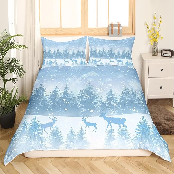 Manfei Blue Glitter Duvet Cover Set Queen Size, Xmas Trees Deers Snowflakes Print Comforter Cover with 2 Pillowcases, New Year Theme Bedding Set 3pcs for Kids Girls Teens Bedroom Decor,No Comforter