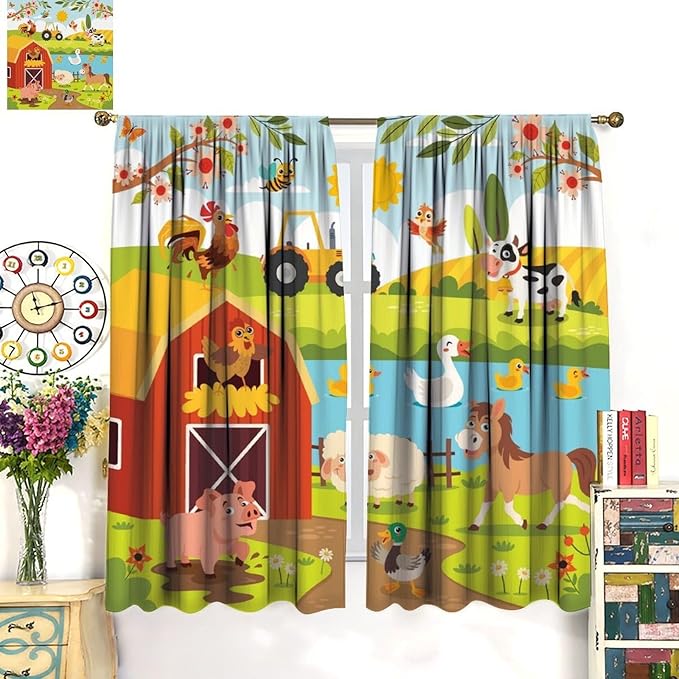 Farmhouse Curtains, Farm Scene Cartoon Animals Pattern Blackout Window Treatments, Rod Pocket Thermal Insulated Drapes 2 Panel Sets for Children Boys Bedroom Nursery Classroom, 63" W X 63" L