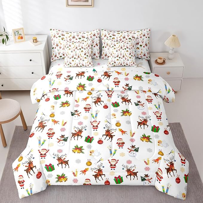 Feelyou Christmas Kids Bed Set Cute Snowman Santa Claus Bed in a Bag Boys Girls Cute Reindeer Comforter Set with Sheets Christmas Bells Cartoon Design Bedding Set Bedroom Collection Queen Size