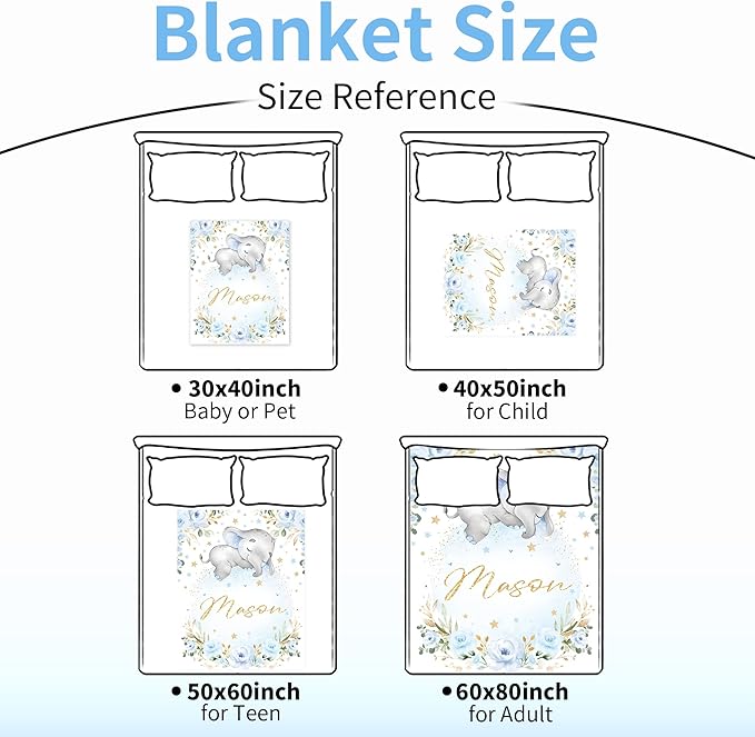 Elephant Baby Blanket Personalized Blanket with Name for Boy, Custom Name Blanket for Newborn Boy, Soft Flannel Toddler Blanket Customized Gift for Birthday Christmas Baby Shower 30" X 40"