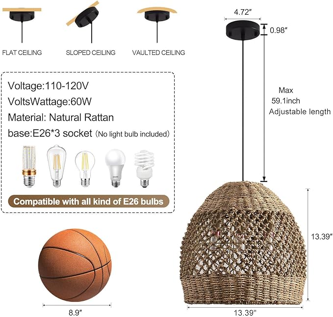 Rattan Pendant Light 13.39" Boho Coastal Hanging Wicker Hand-Woven Seagrass Chandelier for Kitchen Islands Farmhouse 3-Light