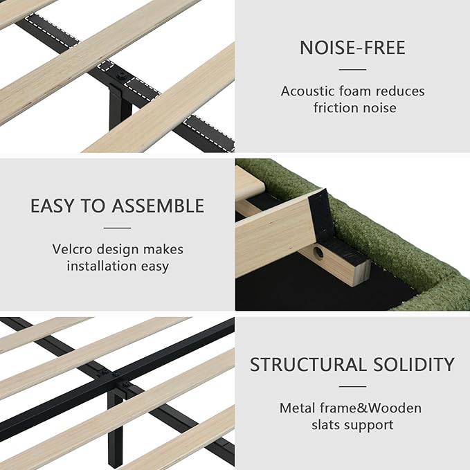 Queen Bed Frame with Headboard, Cloud Boucle Upholstered Bed Frame, Modern Soft Style, Adjustable Headboard, No Box Spring Needed, Easy Assembly, Green