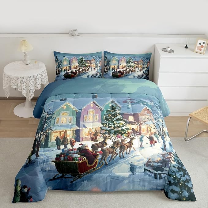 Feelyou Watercolor Christmas Comforter Set Queen Size Santa Claus Bedding Set for Kids Boys Girls Reindeer Sled Duvet Quilt Xmas Tree Bedroom Decor Microfiber 3 Pcs with 2 Pillow Cases