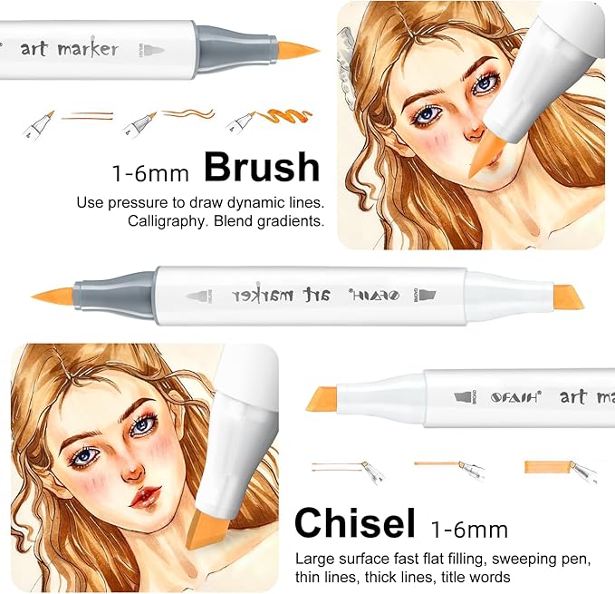 SFAIH Skin Tone Alcohol Markers Brush & Chisel - 25 Portrait Color Permanent Markers for Adults/Teen/Artists/Creators, Blendable Art Markers for Coloring Sketch & Drawing & Illustration-Refillable Ink