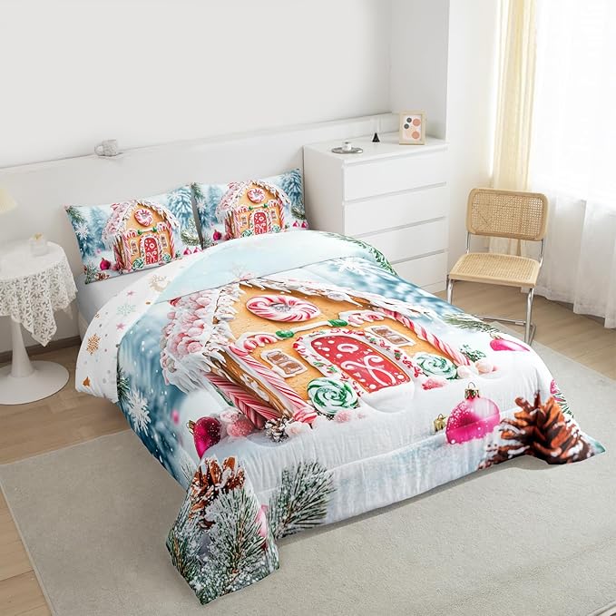 Feelyou Christmas Snowscape House Landscape Bedding Set Soft for Boys Girls,Gingerbread House Comforter Set Full Size Candy Canes Duvet Quilt Pine Branches Bedroom Decor 3 Pcs with 2 Pillow Cases