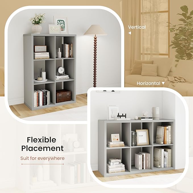 14.6 * 43.8 * 30.7 inches 2x3 Cube Storage Book Shelf, Engineered Wood 6 Cube Closet Organizer with Open Shelves, Wooden Storage Cubes for Bedroom, Bathroom, Office, Light Gray