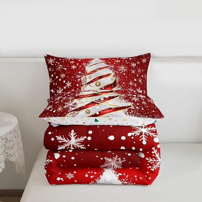 Feelyou Merry Christmas Comforter Set Twin Size Christmas Tree Bedding Set for Kids Boys Girls Snowflake Duvet Quilt Winter Bedroom Decor Microfiber 2 Pcs with 1 Pillow Cases