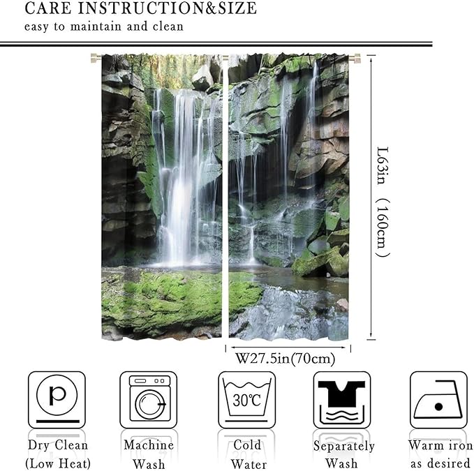 Forest Waterfall Blackout Windows Curtains, Rocky Waterfall to Pond Running Off Scenic Nature Themed Picture Print Curtains, for Living Room Bedroom 55x63in 2 Panels