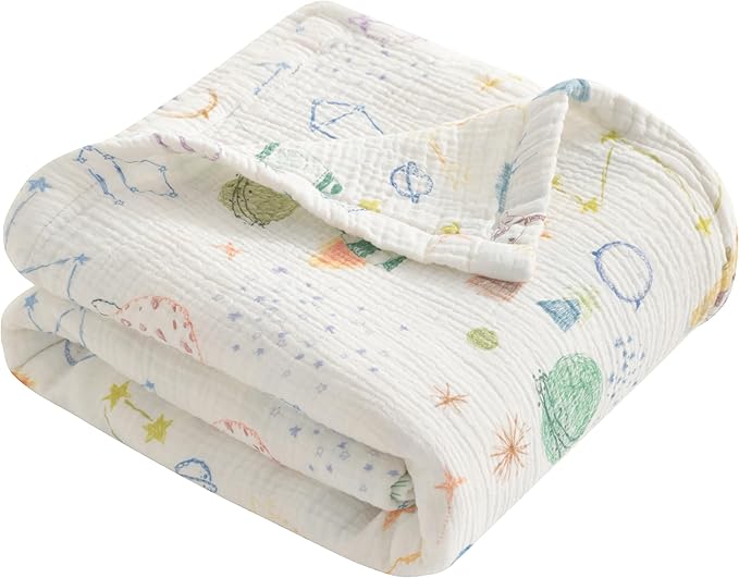 NTBAY 4 Layer Muslin Cotton Toddler Blanket, 30x40 Soft and Breathable Receiving for Newborns and Infants, Perfect for Crib, Stroller, Travel, Lightweight Nursery Blanket, Space Explorer