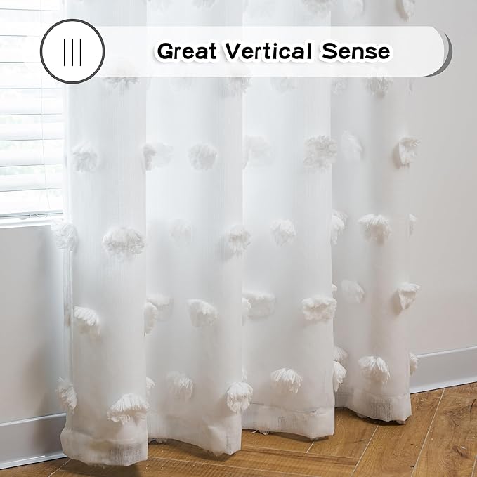 MYSKY HOME White Curtains for Kids Room & Nursery - 72 Inch Long Double Layer Sheer Curtains with Pom Poms & Grommets for Girls Bedroom & Living Room - Darkening Panels W52 X L72