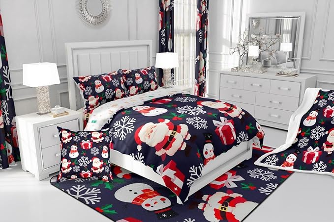 jejeloiu Merry Christmas Comforter Set King Size Xmas Santa Claus Bedding Set for Kids Boys Girls Cute Snowman Duvet Quilt Dark Blue Bedroom Decor