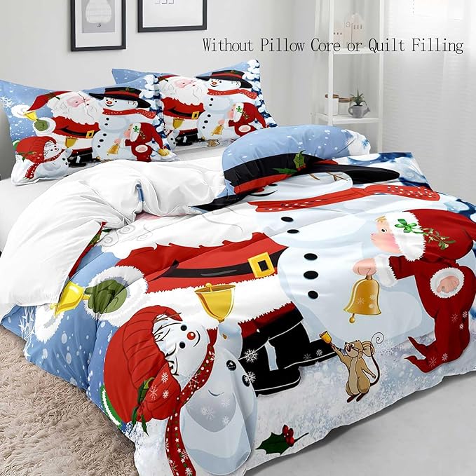 LUVIVIHOME 3PCS Christmas Duvet Cover King Bedding Set, Boys Girls Kids Bedding, Cartoon Cute Snowman Santa Claus Winter Holiday New Year Xmas Christmas Comforter Bedspread Quilt Cover, 2 Pillow Cases