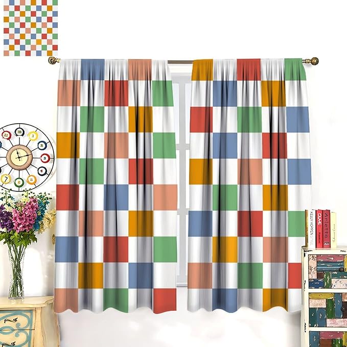 Retro Checkered Curtains,70s Vintage Twisted Checkered Window Drapes Colorful Groovy Trendy Wavy Hippie Grid Print Window Treatments for Kids Girls Bedroom Living Room Bathroom 42" W X 63" L