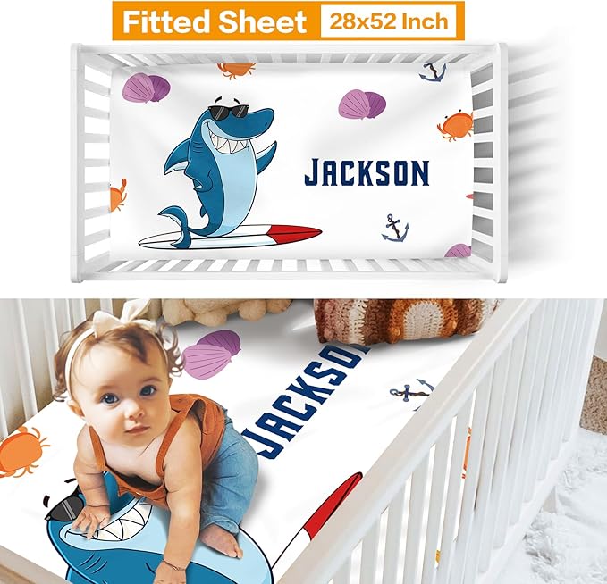 Custom Crib Bedding Set - Marine Animals Design Personalized Name Baby Nursery Bedding 3 Pcs Set - Chic Soft Blanket, Sheet, Pillowcase for Newborns Boys Girls Gifts Color19