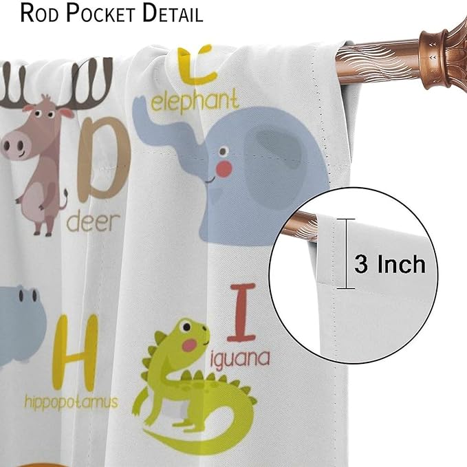 Kids Alphabet Curtains Funny Cartoon Educational Learning Cute Animal Zebra Curtain with Rod Pocket for Bedroom Living Room Decor Drapes Window Treatments 2 Panels Set 63" W X 63" L