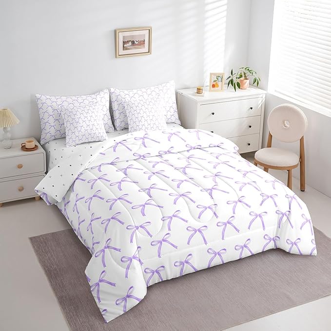 Manfei 7 Pieces Cartoon Bowknot Kids Comforter Queen Size,Bow Tie Fashion Princess Girls Bedding Set,Cute Bow Geometric Purple Romantic（Comforter+Fitted+Flat+2 Pillowcases+2 Throw Pillow Covers）