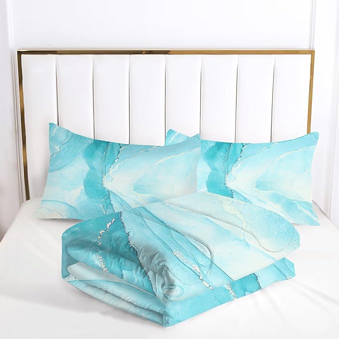 Comforter Set Blue Marble: King Size Aqua Blue Bedding Sets for Women Girls Teens Bedroom Luxury Silver Glitter Quilt Abstract Marbling Bed Set 1 Comforter & 2 Pillowcases