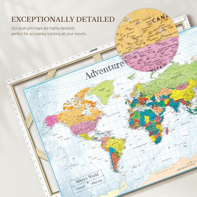 ElephantStock - Personalized Adventure Awaits IV Push Pin World Map Wall Art - Horizontal Canvas Wall Art - Living Room Wall Decor - Digital Art Map Canvas Art - Blue And Green Decor - 24" x 16"