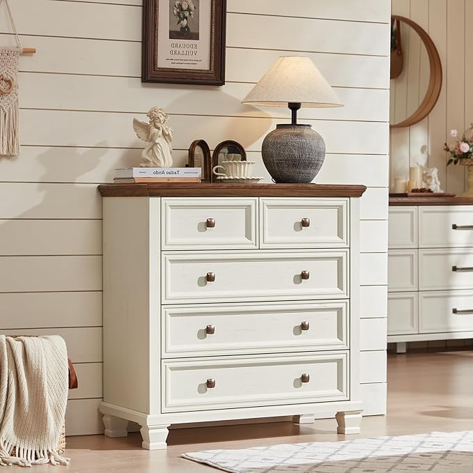 Farmhouse Bedroom Dresser and Nightstand Set of 4, 6 Drawer Low & 5 Drawers Dresser & 3 Drawer Nightstand Set with Wooden Legs, Rustic Wood Furniture for Bedroom, Hallway, White