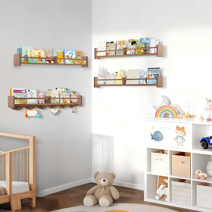 34Inch Nursery Book Shelves Wall Mounted, Floating Book Shelf for Kids Coat Rack with 6 Hooks, Wall Hanging Shelf for Baby Nursery Room Organizer ，Patent Number:US-D1058229-S(4, Light Brown)
