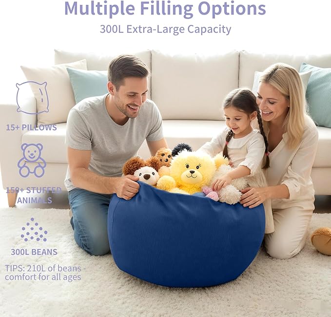 Nobildonna 3 ft Bean Bag Chair Cover (No Filler) 35"×43" Large Stuffed Animal Storage Bean Bag Washable Big Beanbag Chair Cover Premium Corduroy Stuffable Bean Bag Cover for Adults,Kids,Blue 300L