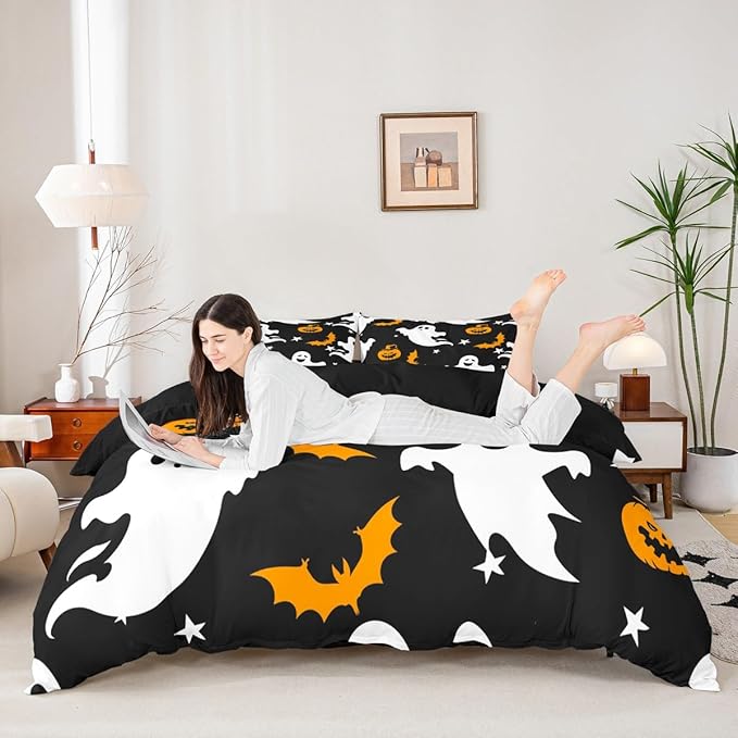 Halloween Bedding Duvet Cover Set Kids Cartoon Ghost Pumpkin Lantern Bedding Set Kids Trick or Treat Decor Comforter Cover Set Microfiber Bat Galaxy Night Bedspread Cover Bedroom Bedclothes Queen Size