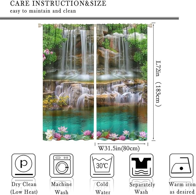 Waterfall Blackout Window Curtains, Rocky Waterfall to Pond Running Off Scenic Nature Themed Picture Print Window Drapes, for Living Room Bedroom 63x72in 2 Panels