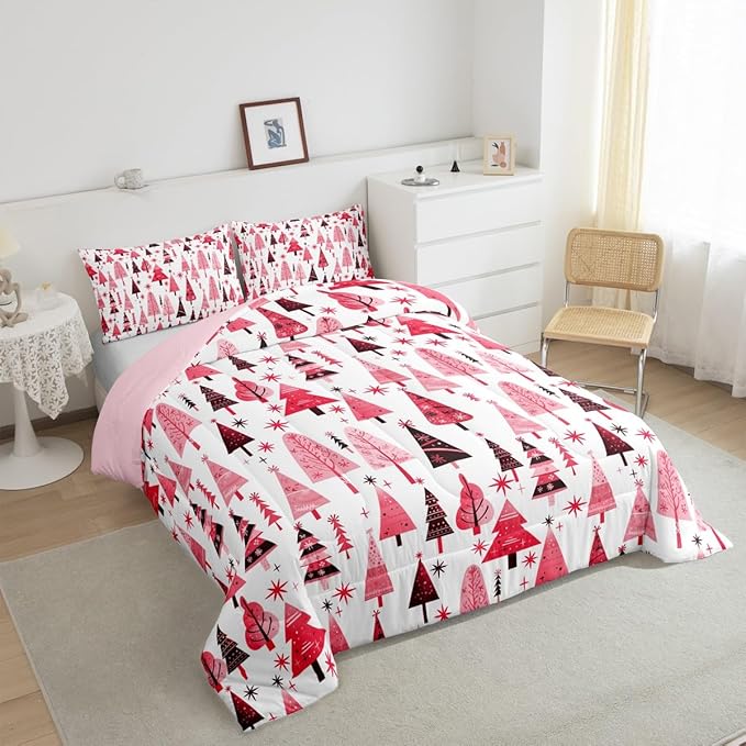 Manfei Pink Xmas Trees Comforter Set Twin Size, Christmas Theme Bedding Set 2pcs for Kids Boys Girls Adults Room Decor, Happy New Year Down Comforter Soft Polyester Quilt Set with 1 Pillowcase