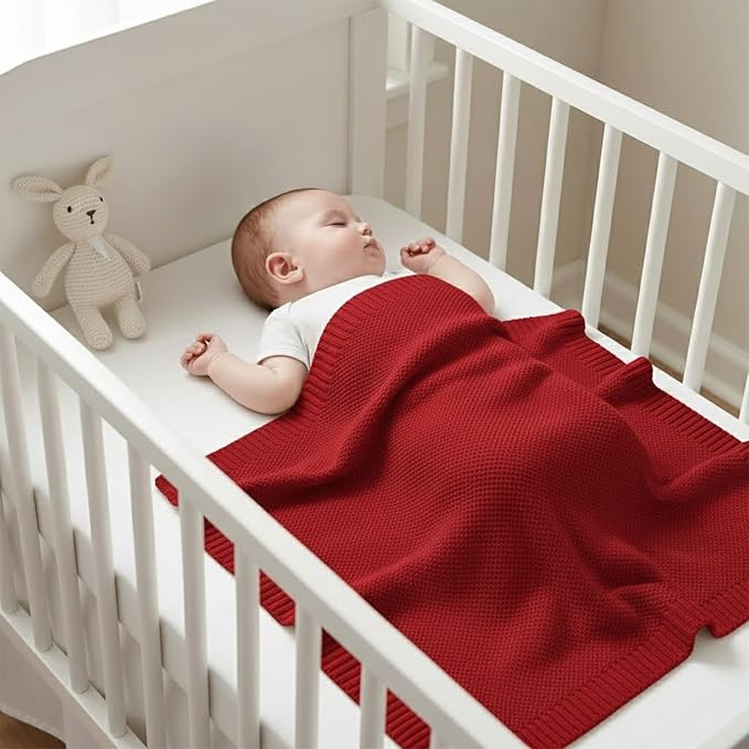 Baby Knit Blanket Soft Cotton Lightweight Newborn Blanket for Crib Stroller Toddler Nursery Shower Gift Cozy Breathable Travel Swaddle Wrap Red 30 x 40 Inches
