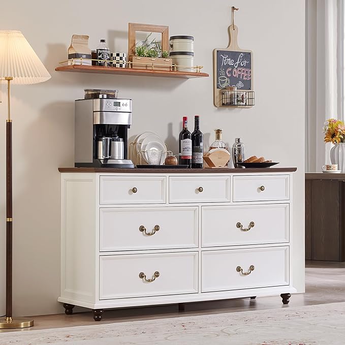 Farmhouse Dresser and Nightstand Sets, Wooden 7 Drawers Dresser & 24" Night Stand with 3 Drawers, 2 Piece Bedroom Furniture Set, Chest of Drawers for Bedroom, Home, Living Room, Hallway