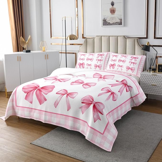 Pink Bowknot Kids Bedspread Queen Size,Geometric Plaids Grids Patchwork Fashion Coverlet Set,Girls Women Room Decor,Bow Tie Knot Princess Quilted Coverlet,Romantic Chic Bedding Quilt,2 Pillowcases