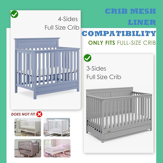 Breathable Mesh Crib Liner for Protecting Baby Legs and Arms, Block The Pacifier from Falling, 11" H (28cm) Essential 3mm Breathable Mesh Liner Around 3 or 4 Side Full-Size Crib, Grey