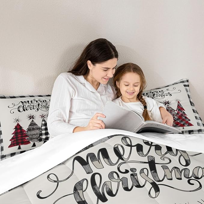 Christmas Trees Kids Comforter Set Full Size,Geometric Grids Ink Tie-dye Bedding,Girls Boys Adults Bedroom/Xmas Cabin Decor,Rustic Vintage Down Comforter,Black Grey Retro Duvet Insert,2 Pillowcases