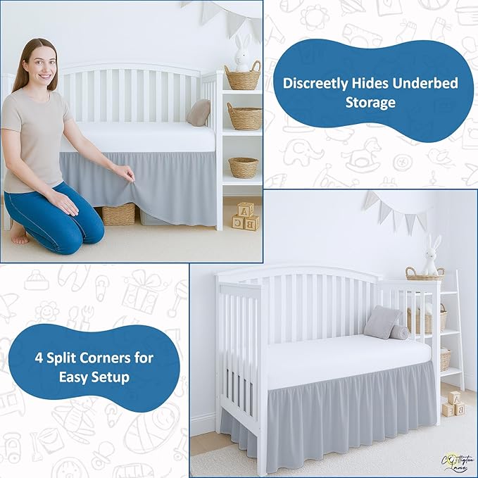 Cottington Lane Light Grey Crib Skirt Dust Ruffle, 100% Natural Cotton, Soft, Durable Nursery Crib Toddler Bedding Skirt for Baby Girls or Boys, Fits Standard Cribs 28" x 52" with 14" Drop