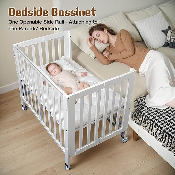 Portable Mini Baby Crib - Pine Wood Foldable 4-in-1 Baby Crib with Mattress,Portable Bedside Bassinet Sleeper,3 Adjustable-Height Baby Cribs for 0-18 Months,White