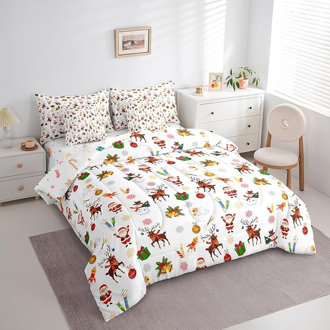 Feelyou Christmas Kids Bed Set Cute Snowman Santa Claus Bed in a Bag Boys Girls Cute Reindeer Comforter Set with Sheets Christmas Bells Cartoon Design Bedding Set Bedroom Collection Queen Size