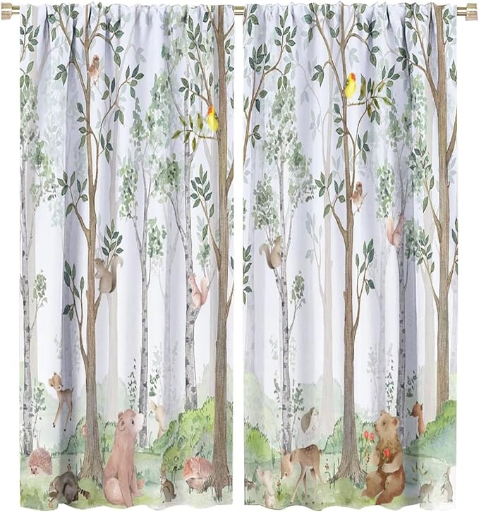 Kids Watercolor Woodland Animal Window Curtains, Bear Deer Squirrel Hedgehog Fox Birds Green Forest Blackout Rod Pocket Treatment for Boys Girls Bedroom 52x84in