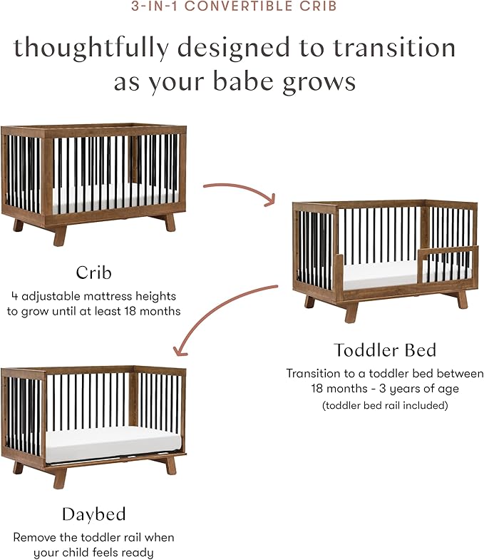 babyletto Hudson 3-in-1 Convertible Crib with Toddler Bed Conversion Kit in Natural Walnut/Black, Greenguard Gold Certified