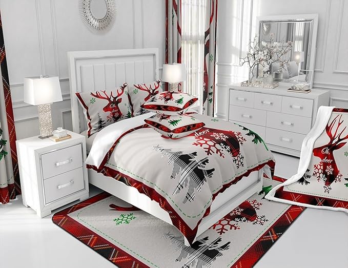 Manfei Xmas Deer Duvet Cover Set Full Size, Christmas Tree Snowflake Print Comforter Cover with 2 Pillowcases, New Year Theme Bedding Set 3pcs for Kids Boys Girls Bedroom Decor,No Comforter