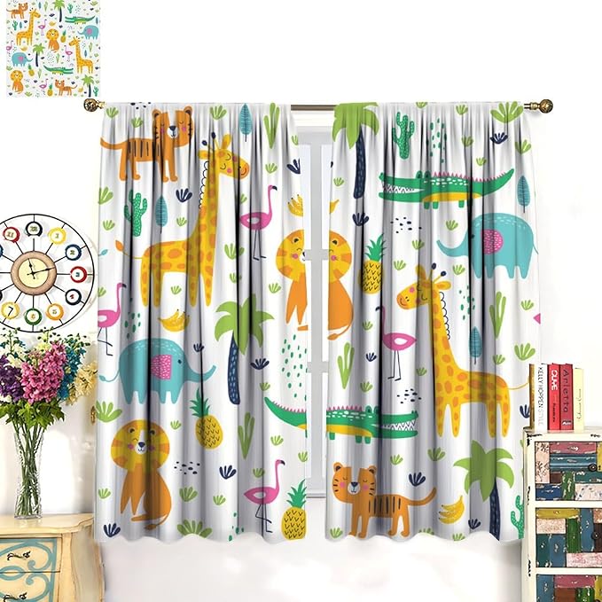 Kids Animals Blackout Curtains Cartoon Cute Abstract Fun Tropical Animals Art Printed for Children Girls Boys Bedroom Nursery Rod Pocket Decoration Window Drapes 2 Panels W26xL84in