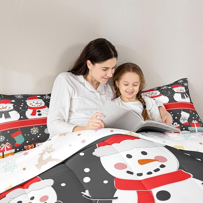 Feelyou Christmas Comforter Set Twin Size Snowman Bedding Set for Kids Boys Girls Snowflake Duvet Quilt New Year Gift Bedroom Decor Microfiber 2 Pcs with 1 Pillow Cases