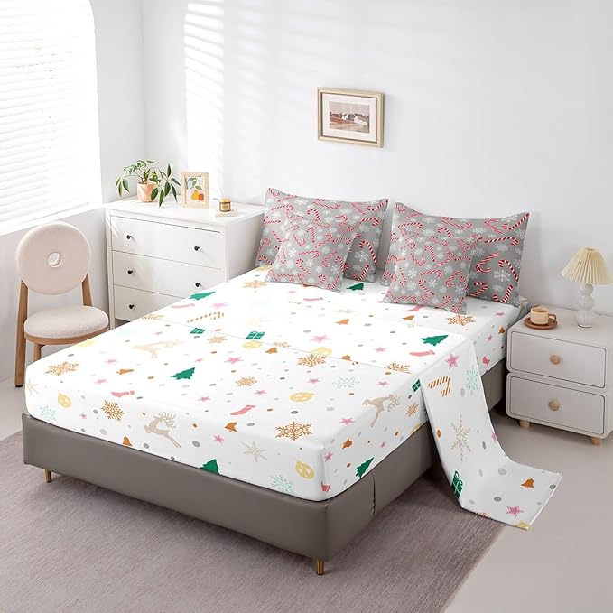 Erosebridal Xmas Candy Cane Twin Bedding Set 7 Piece,Merry Christmas Bed in A Bag for Kids Boys Girls,Winter Snowflake Comforter Set Grey Christmas Ornaments Sheet Set with Comforter